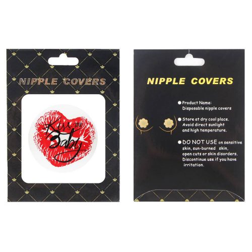 Nipple cover packaging with 'Kiss Me Baby' design on a black background
