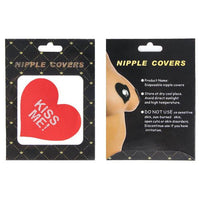 Nipple cover packaging with red heart design and 'Kiss Me!' text, alongside a black background with product details.