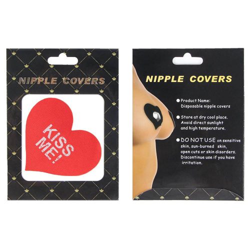 Nipple cover packaging with red heart design and 'Kiss Me!' text, alongside a black background with product details.