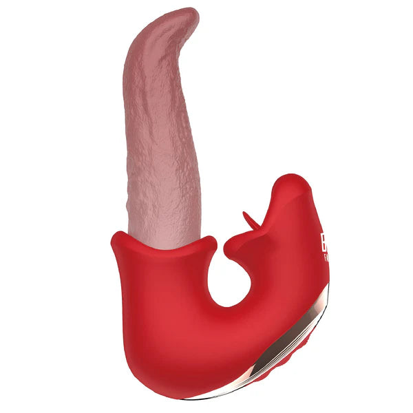 Tongue shaped vibrator with clitoral licker on a white background