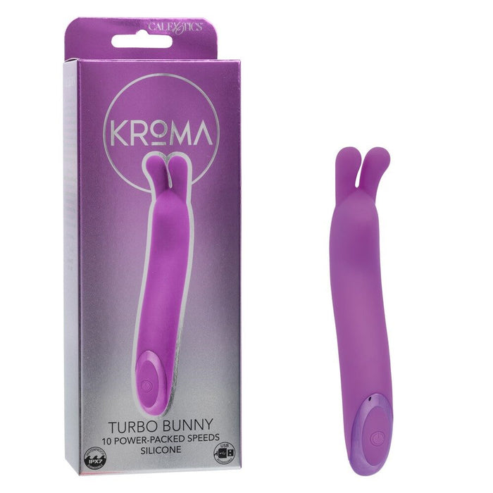 Purple 'Turbo Bunny' silicone vibrator with Kroma branding on packaging