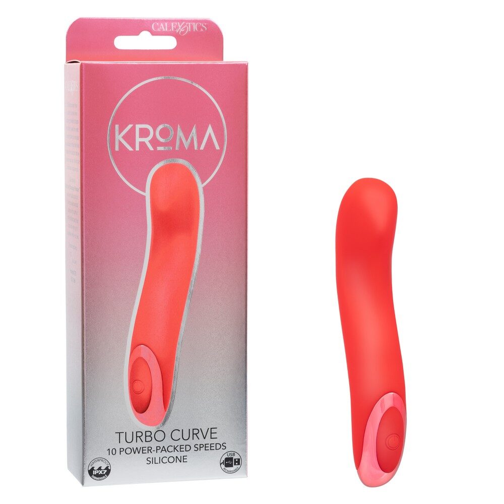 Red silicone Turbo Curve vibrator with Kroma packaging on a white background