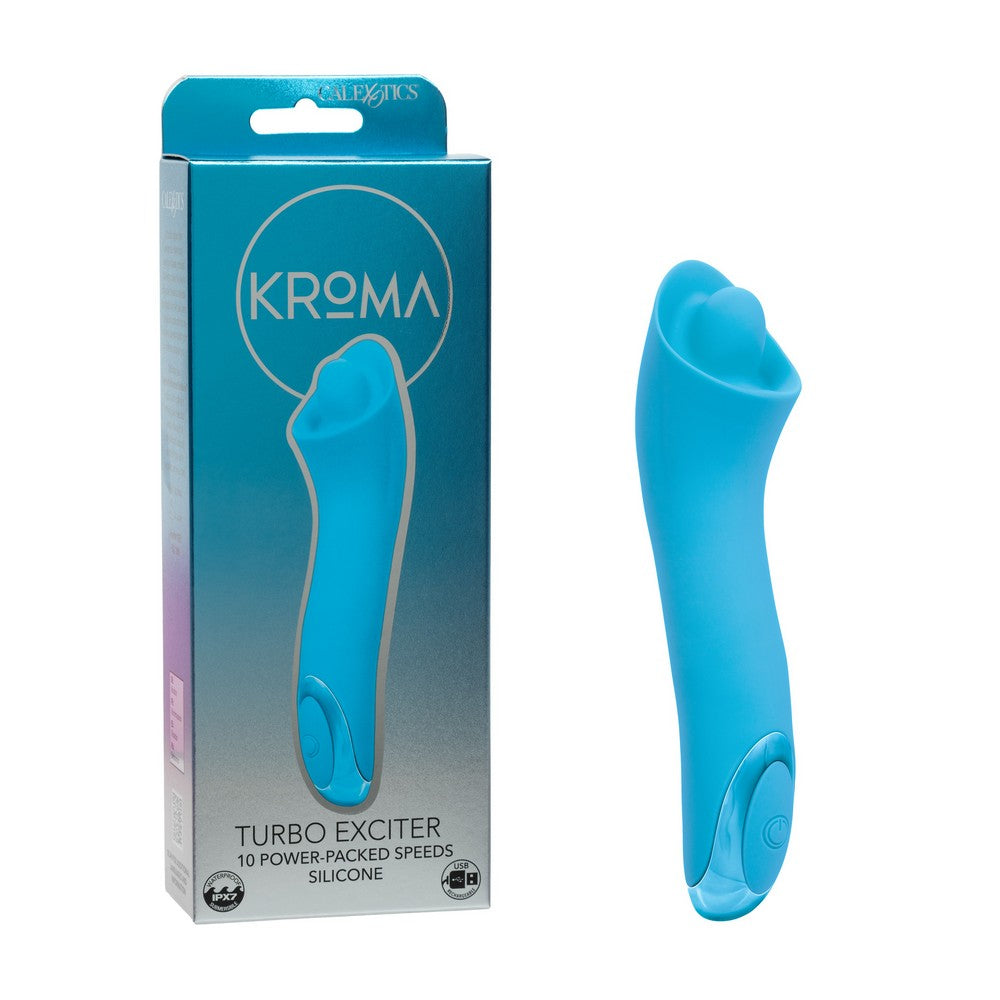 Blue 'Turbo Exciter' silicone vibrator with Kroma packaging on a white background