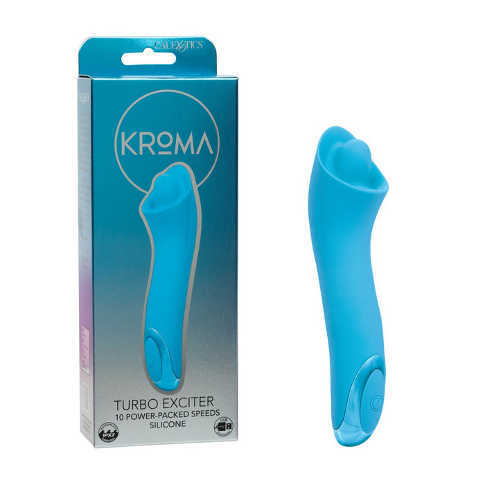 Blue 'Turbo Exciter' silicone vibrator with Kroma packaging on a white background