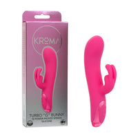 Pink 'Turbo G Bunny' silicone vibrator with Kroma packaging on a white background