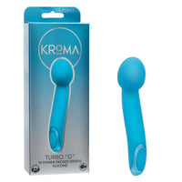 Blue Kroma Turbo 'G' silicone vibrator with packaging on a white background