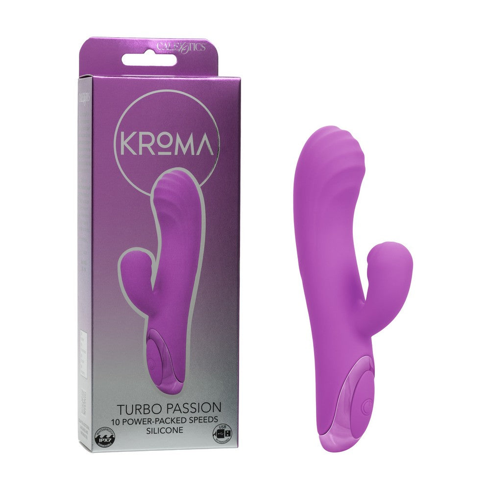 Purple Kroma Turbo Passion silicone vibrator with packaging on a white background
