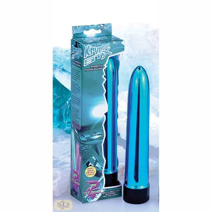 a shiny blue sleek vibrator with a pointed tip and a black cap shown next to its blue display box
