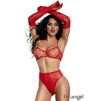 Woman wearing a red lingerie set with a matching gloves on a white background, branded 'Dreamgirl'.