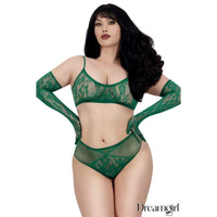 A model wearing a green lace lingerie set with matching long gloves against a white background. The set includes a bra, high-waisted briefs, and long sleeves.