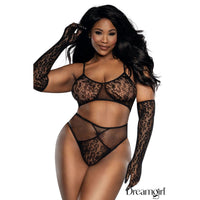 Model wearing a black lace lingerie set with matching gloves on a white background, featuring the brand 'Dreamgirl'.