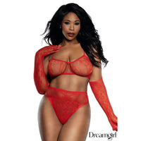 Woman wearing a red lingerie set with fishnet sleeves on a white background, featuring the brand 'Dreamgirl'.