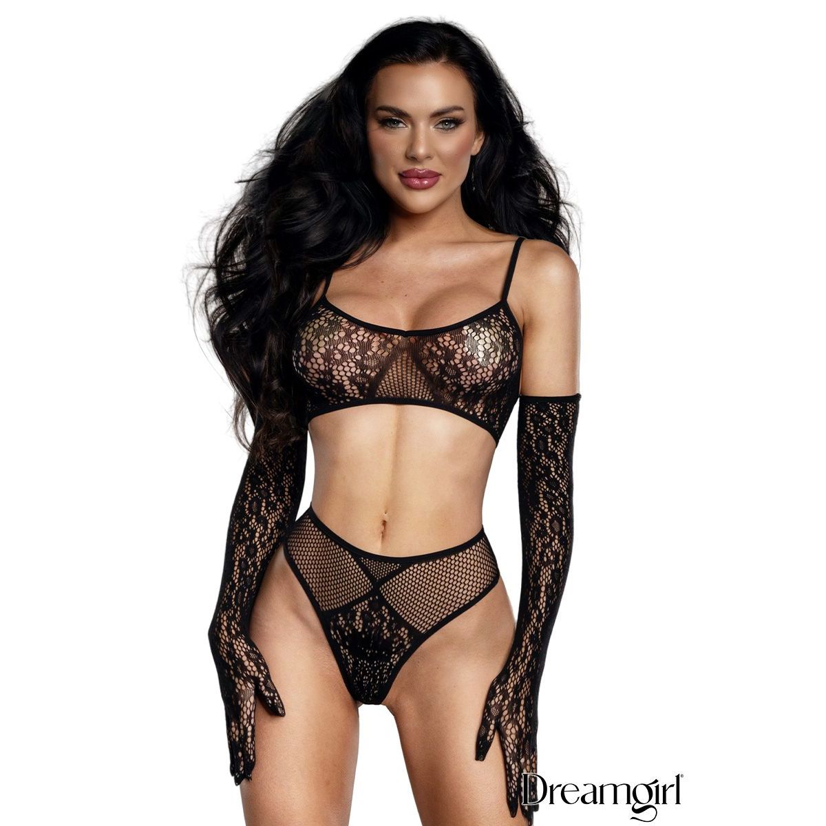 Model wearing a black lace lingerie set with long gloves on a white background, featuring the brand 'Dreamgirl'.