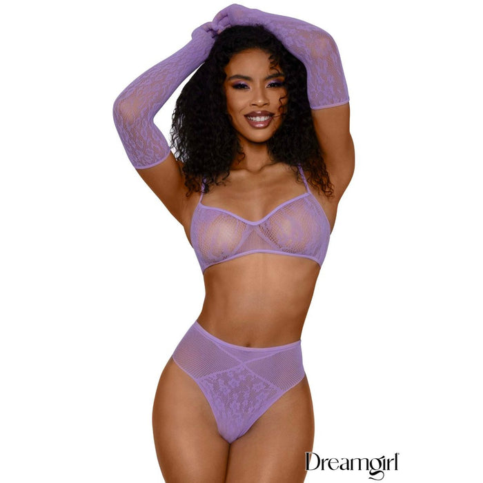 Model wearing a purple lingerie set with matching gloves on a white background, featuring the brand 'Dreamgirl'.