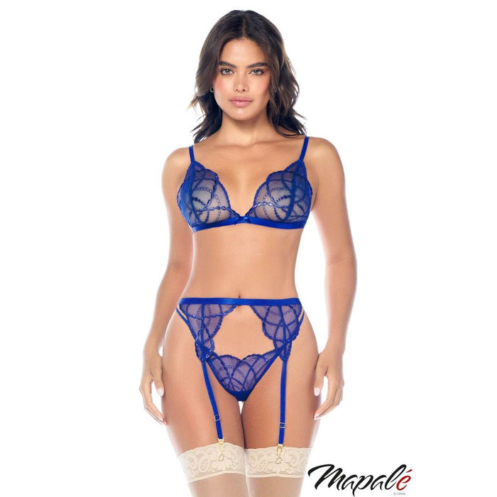 Woman wearing a blue lace lingerie set with 'Mapale' branding on a white background