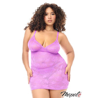 Woman wearing a purple lace nightgown with 'Mapale' branding on a white background