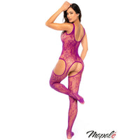 Model wearing a purple lace bodystocking with 'Mapale' branding on a white background