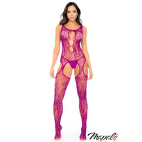 Woman wearing a purple lace bodystocking with fishnet stockings on a white background, featuring the brand 'Mapale'.