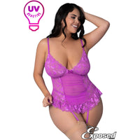 brunette female plus size wearing Soft stretch UV reactive butterfly lace bustier with a super stretch mesh front, soft cups, adjustable straps, attached adjustable garters and n hook & eye back closure. front view
