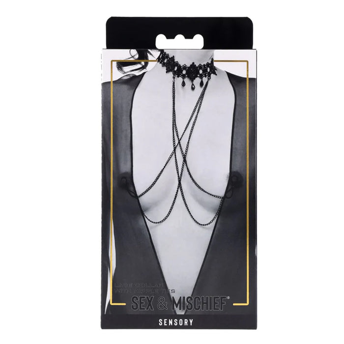 Black choker necklace on a mannequin bust with 'Sex & Mischief' branding on packaging.