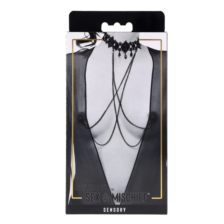 Black choker necklace on a mannequin bust with 'Sex & Mischief' branding on packaging.