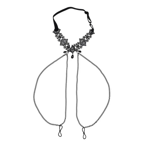 Black floral necklace with nipple ties on a white background