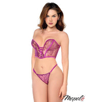 Model wearing a pink lace lingerie set with 'Mapale' branding on a white background