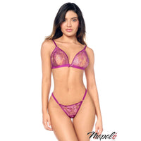 Woman wearing a purple lace lingerie set on a white background with 'Mapale' branding.