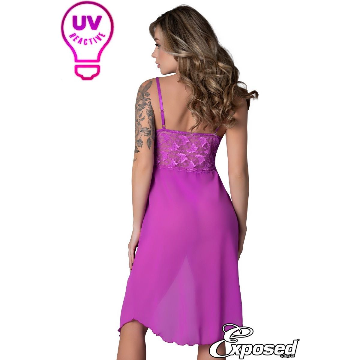 Soft stretch UV reactive butterfly lace gown with ruched soft cups, adjustable straps and a long side slit
back view