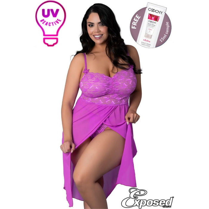 Soft stretch UV reactive butterfly lace gown with ruched soft cups, adjustable straps and a long side slit
plus size, front view