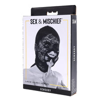 Box of Sex & Mischief lace hush hood with a person wearing it on a white background