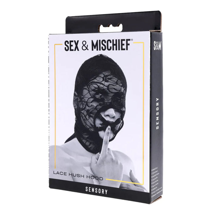 Box of Sex & Mischief lace hush hood with a person wearing it on a white background