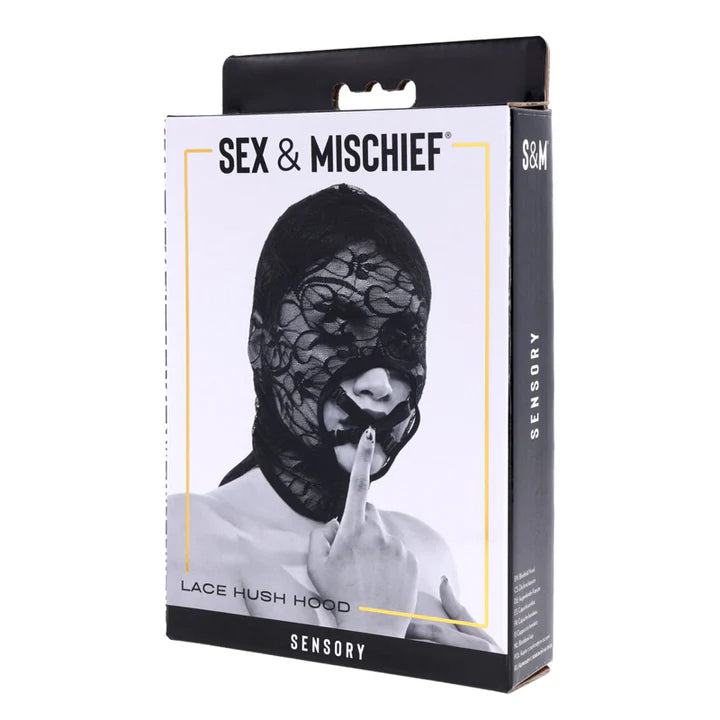 Box of Sex & Mischief lace hush hood with a person wearing it on a white background