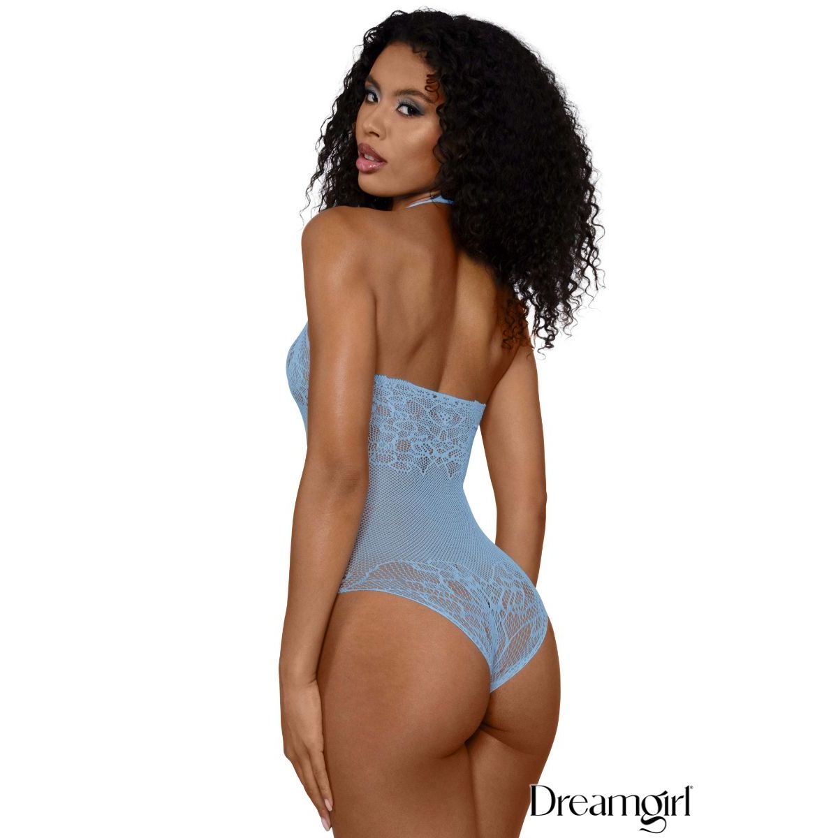 light blue lace teddy with open back. 