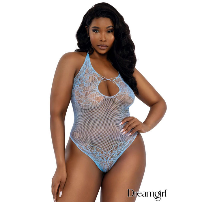 light blue lace teddy with neck keyhole opening. plus size