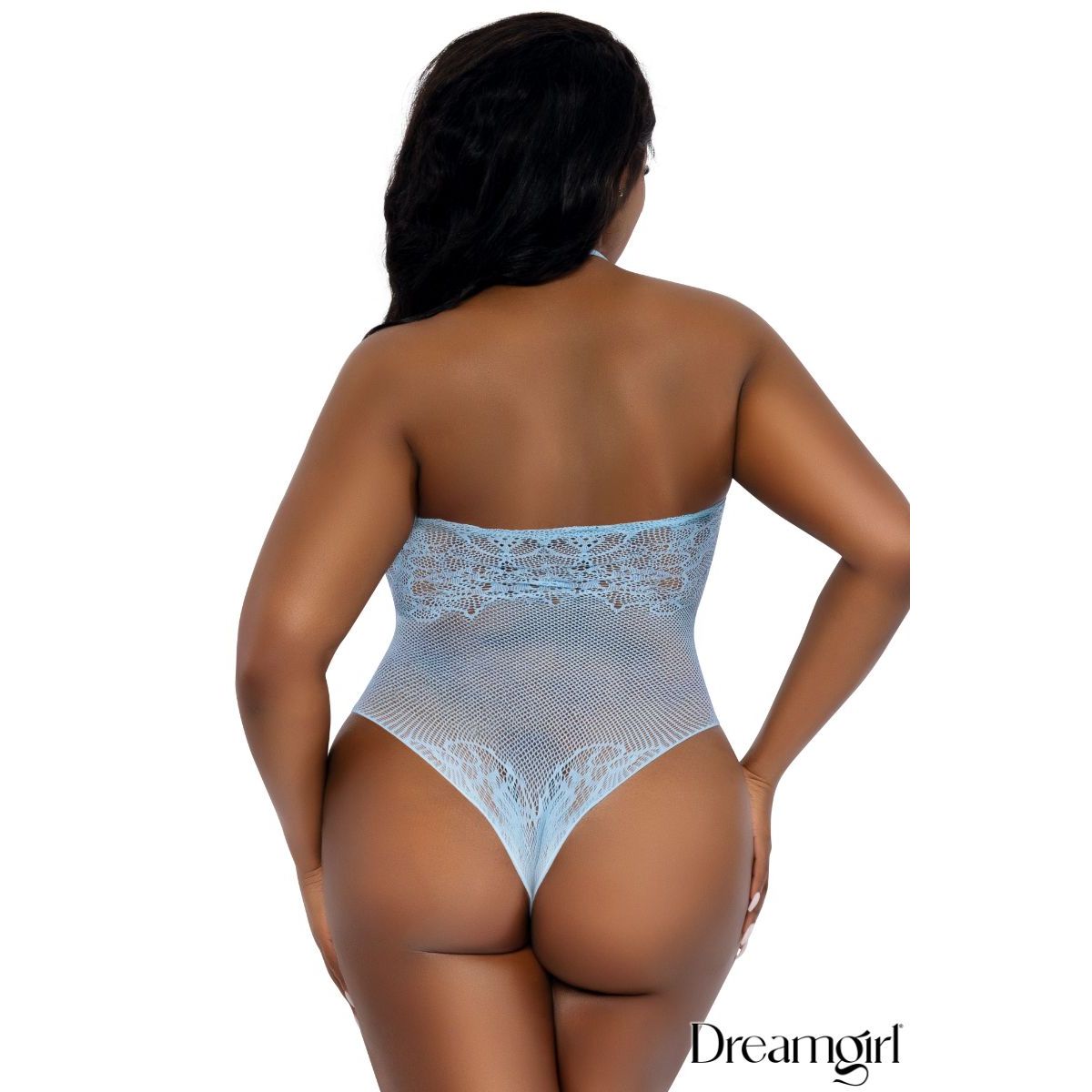 light blue lace teddy with open back. plus size