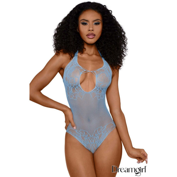 light blue lace teddy with neck keyhole opening. 