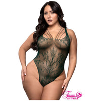 plus size female wearing Seamless floral lace teddy with a strappy neckline, a fixed racerback design and a thong-cut back. in green, front view