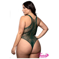 plus size female wearing Seamless floral lace teddy with a strappy neckline, a fixed racerback design and a thong-cut back. in green, back view