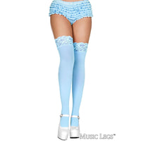 Light blue thigh-high stockings with lace top worn by a person on a white background.