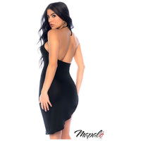 Midi-length dress with an asymmetrical hem featuring a very high adjustable lace-up side slit, a plunging lace-up neckline and a halter a tie-neck collar. back view