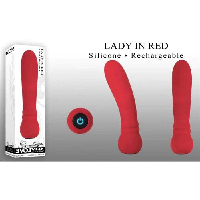 two rotated views of a red vibrator with two ridges at the base of the shaft and a view of the bottom of the base with the blue light up function button, shown next to its red display box