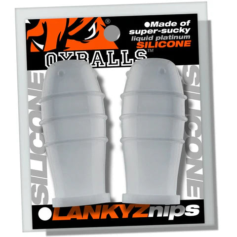 Silicone product packaging for lankyz nipsuckers with 'oxballs branding on a white background