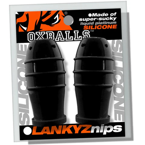 Black silicone product packaging for lankyz nipsuckers with 'OXBALLS' branding on a white background