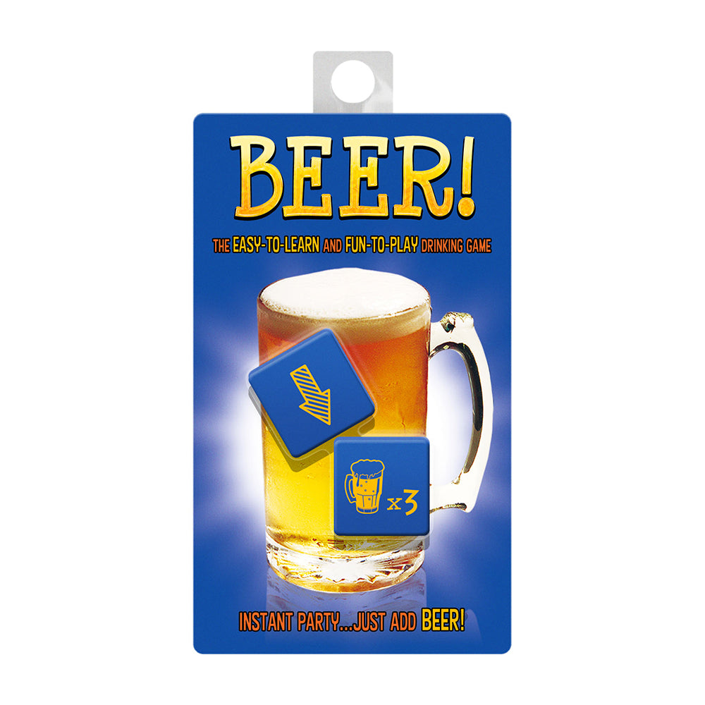 Packaging of a drinking game with a glass of beer and dice on a blue background