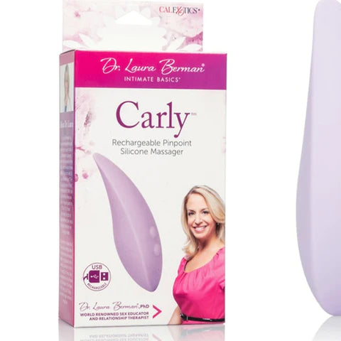 a pink and white display box with a picture of a woman on it and showing a purple palm sized curved  vibrator
