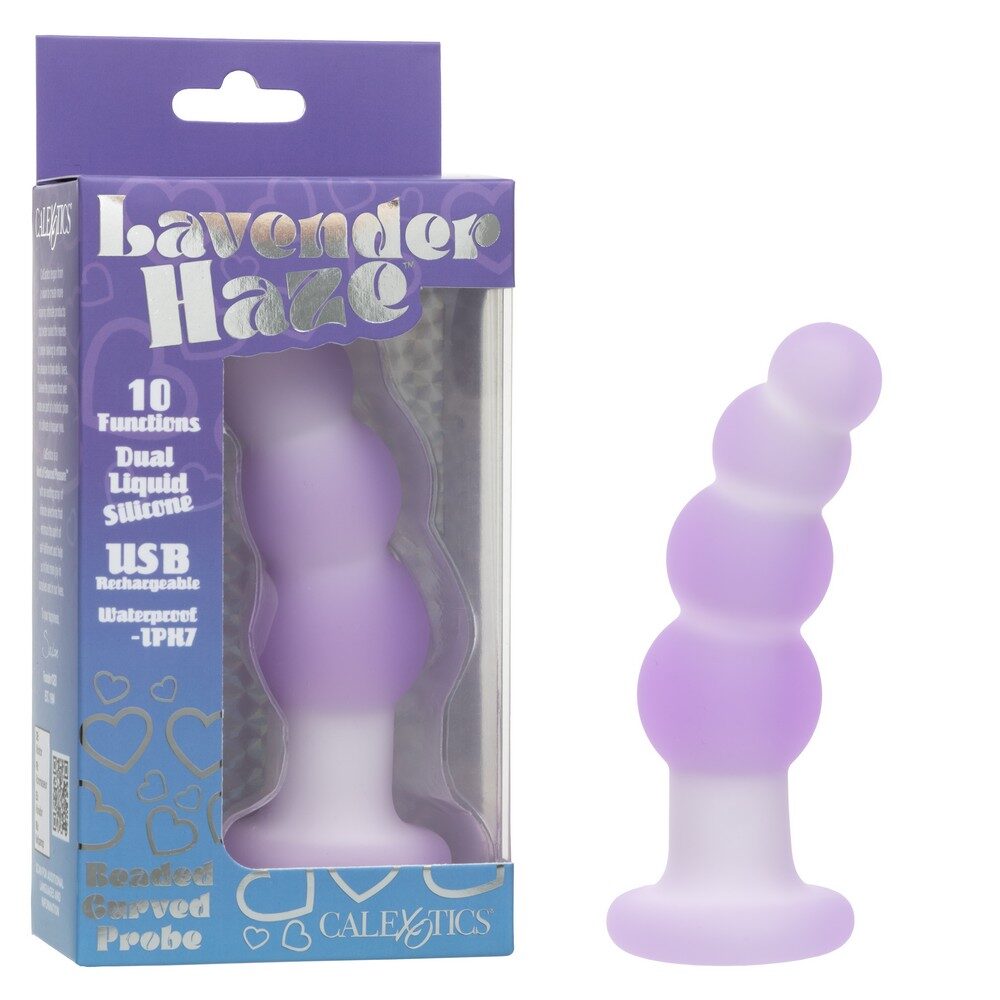 Purple and white silicone anal plug with packaging labeled 'Lavender Haze' on a white background