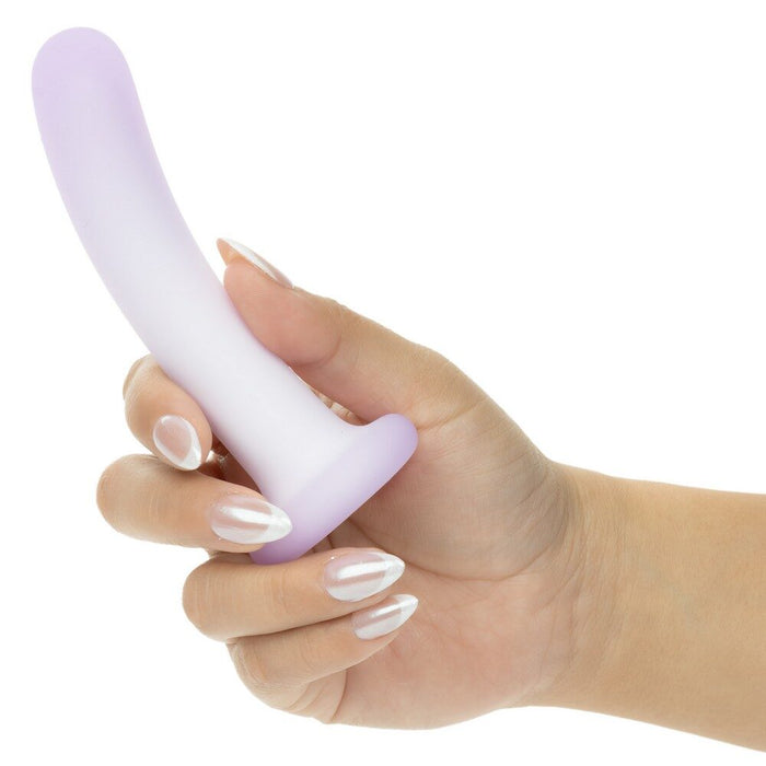 Hand holding a purple and white curved anal plug against a white background