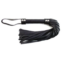 Black leather flogger with metal handles on a white background