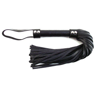 Black leather flogger with metal handles on a white background